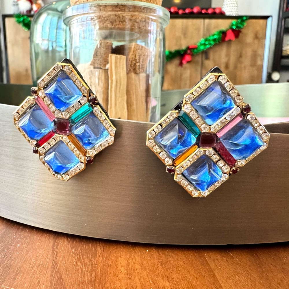 Vintage Hansen Designs Multi Color Gem Clip On Earrings - Picture 1 of 10